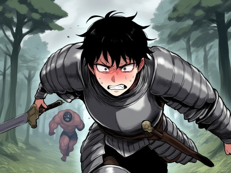 warrior flees cyclops in forest