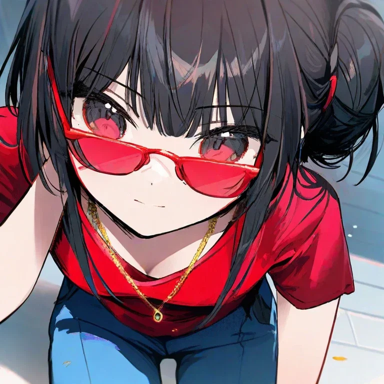 girl black hair cat eyes bun red glasses