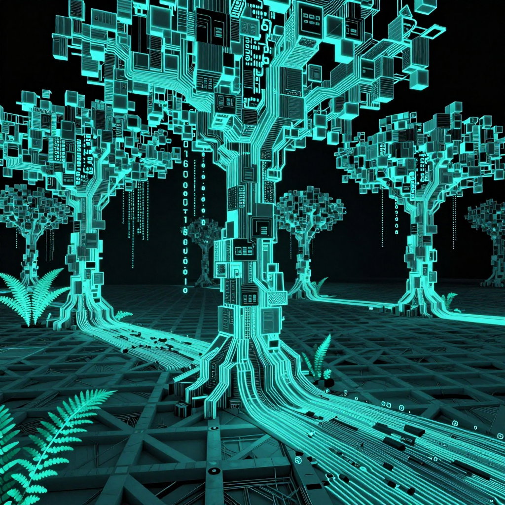glitch art hex streams voxel trees circuit textures