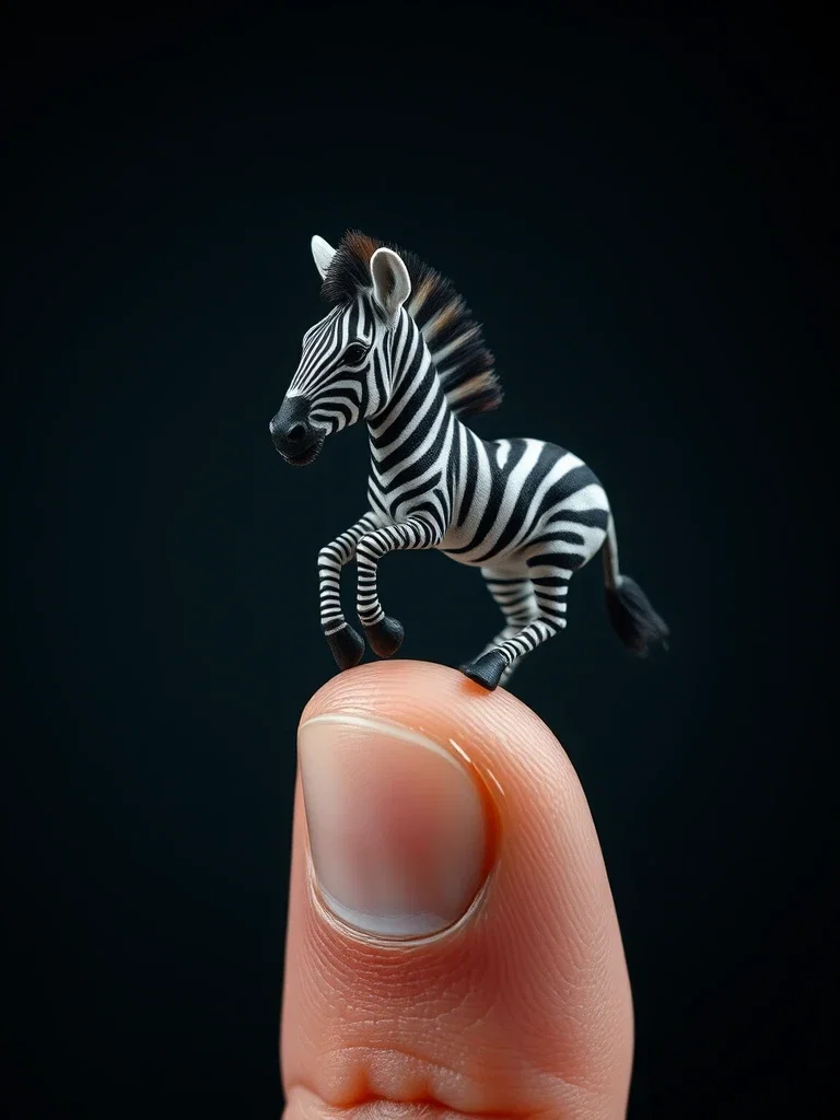 tiny striped horse on finger macro