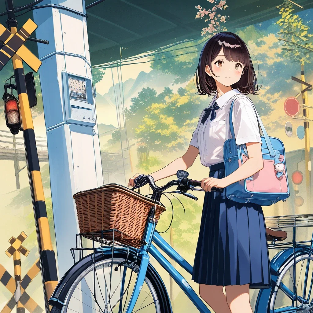 ukiyo e style schoolgirl with bicycle at railroad crossing