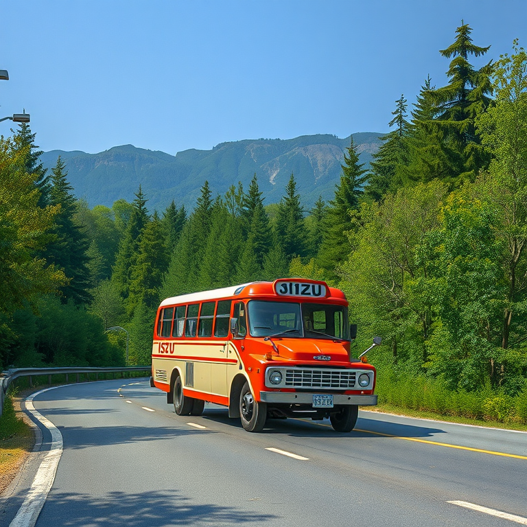 isuzu bus red cream mountain road tokyo
