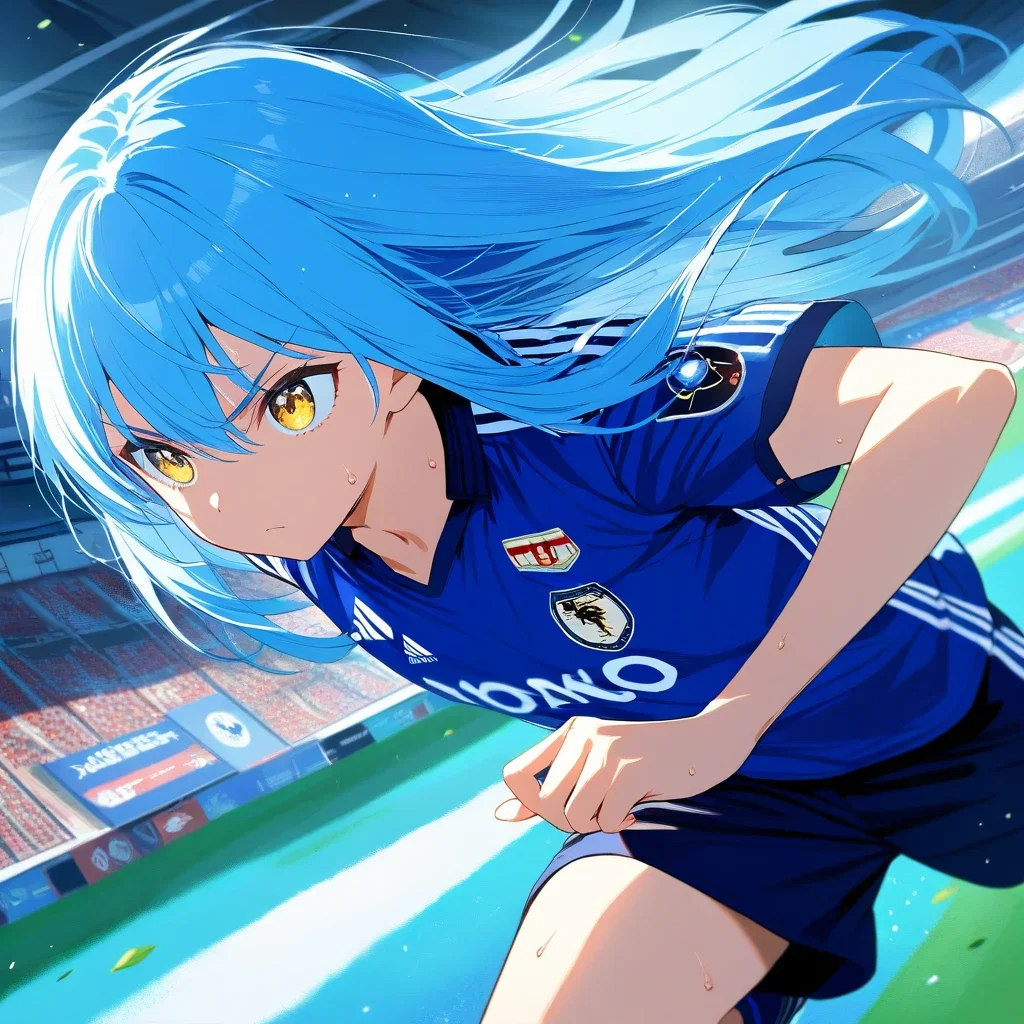 blue haired soccer player running serious