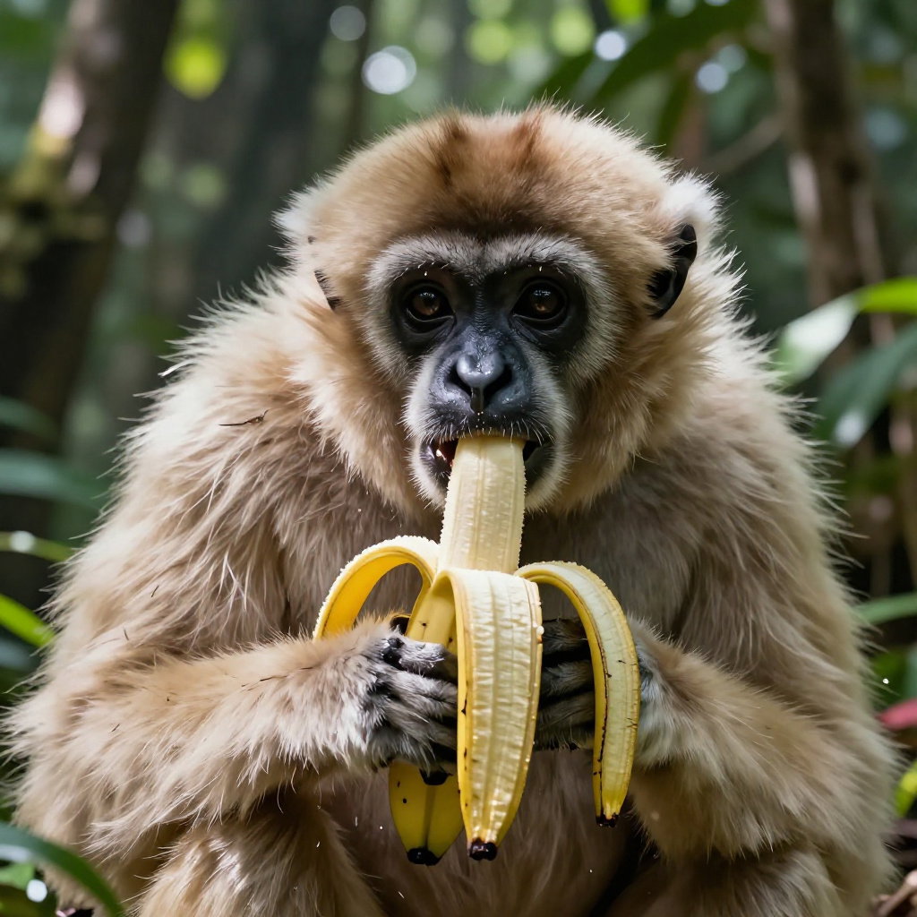 white handed gibbon peeling banana in rainforest