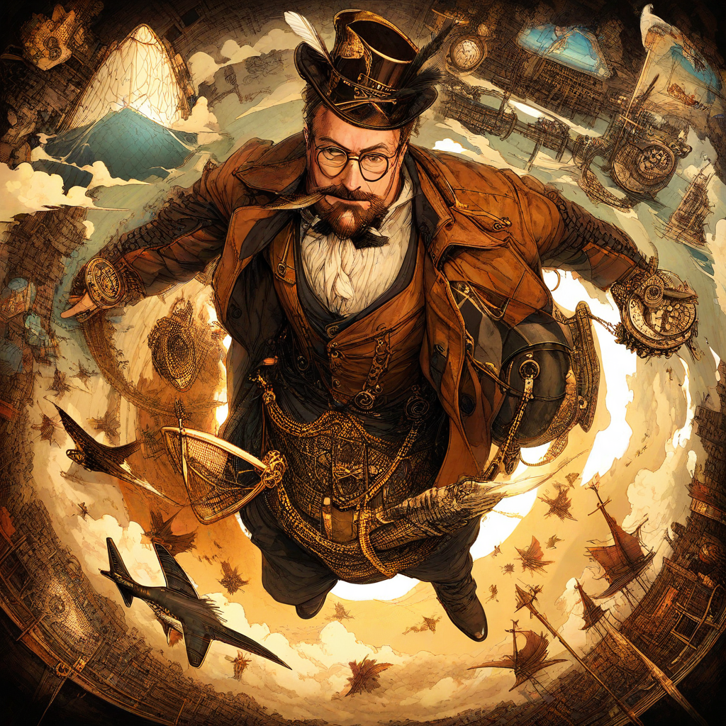 steampunk man riding crocodile fantasy world