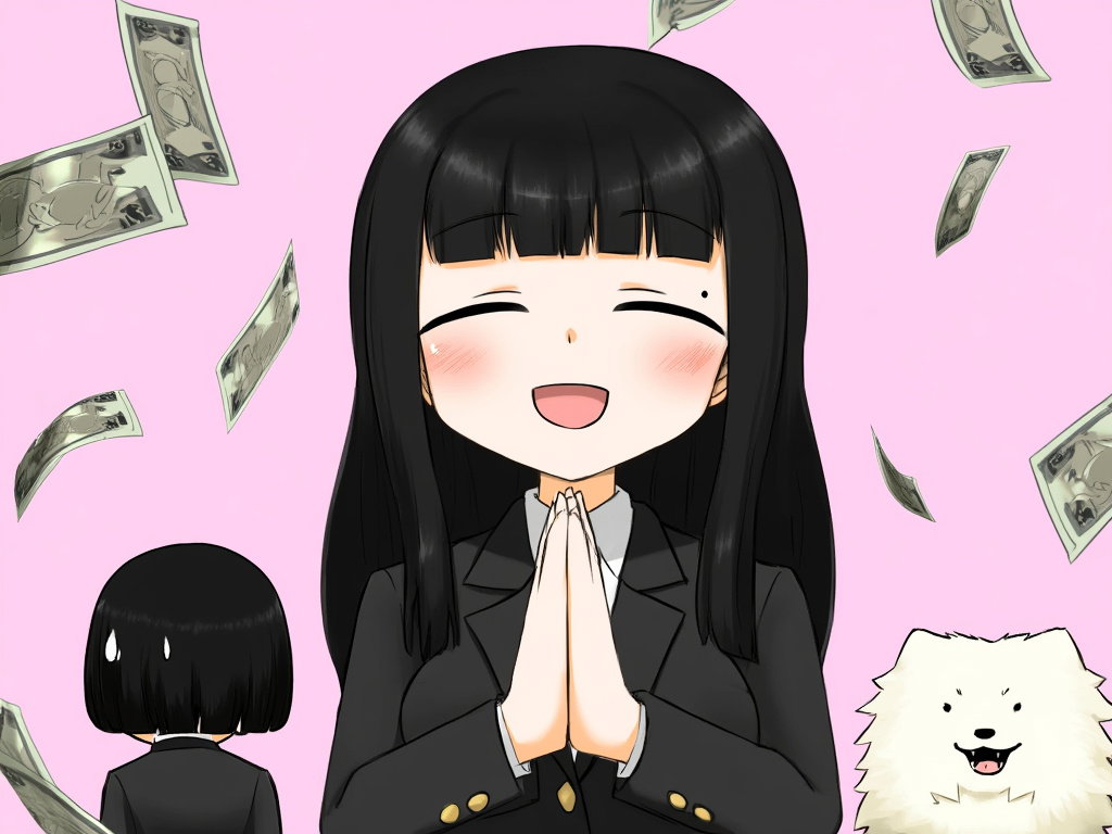anime girls dog money flying pink background