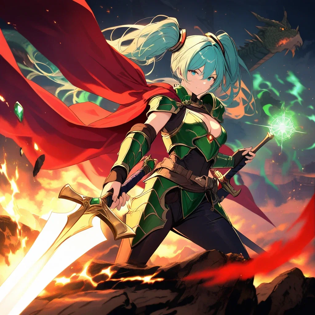 hatsune miku in fantasy armor with light sword