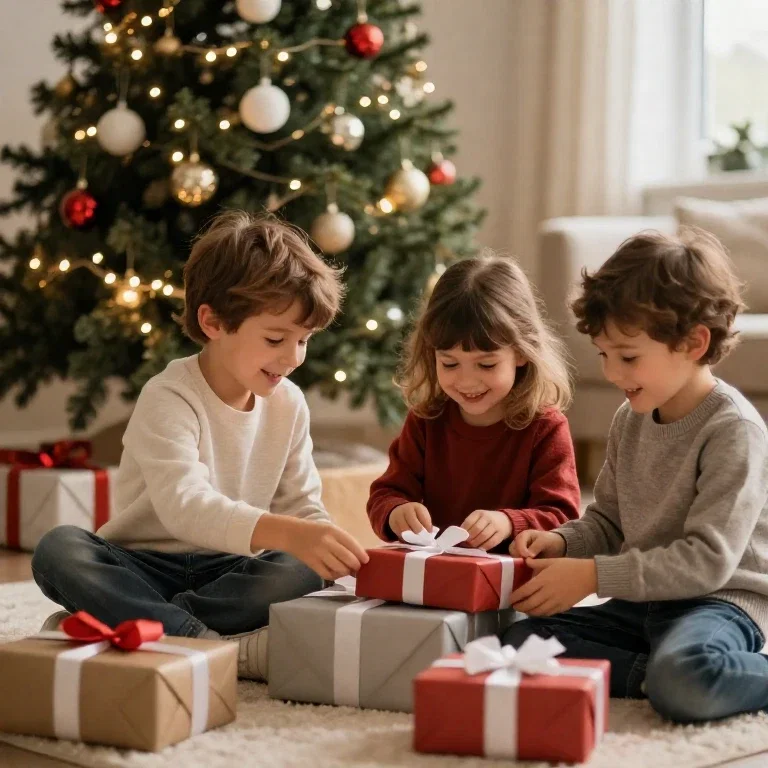 children opening christmas presents under tree