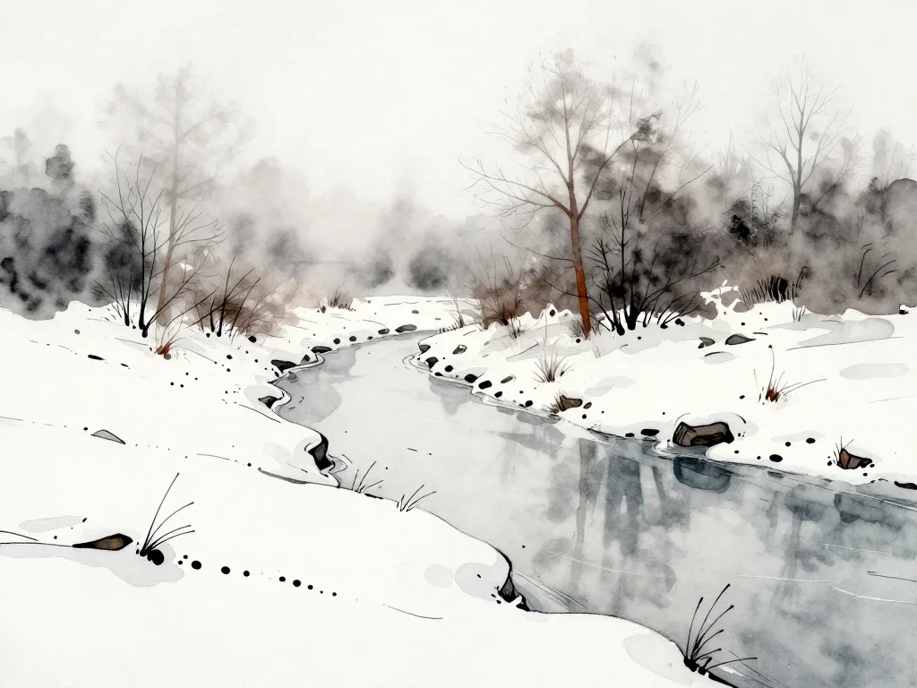 watercolor fog snowy plain frozen canal shadows