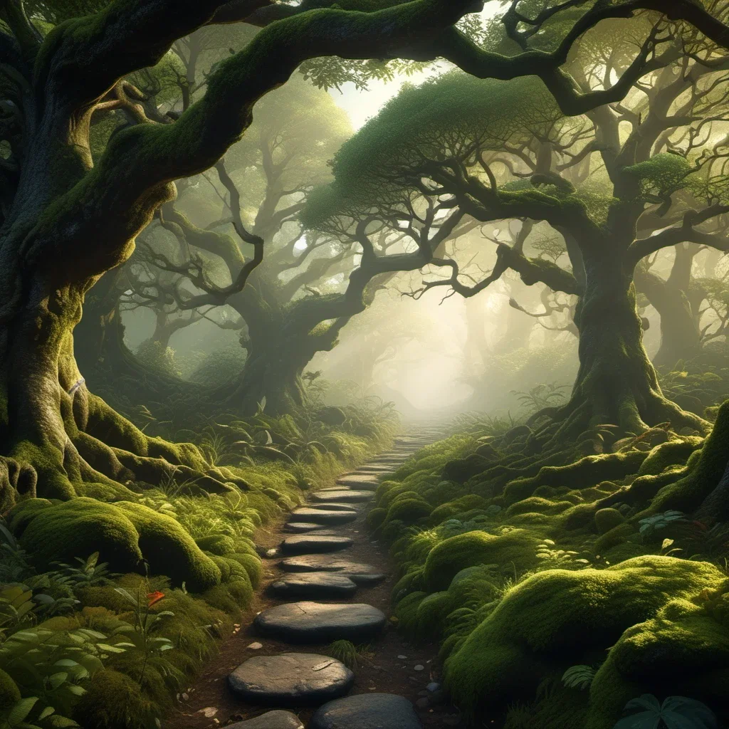 ancient forest path with gnarled trees