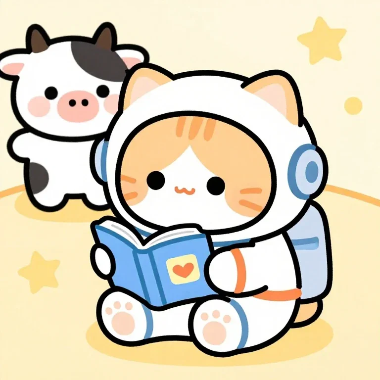 cute cat astronaut reading book