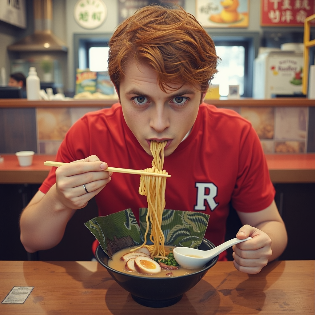 ron weasley eating ramen close up steamy