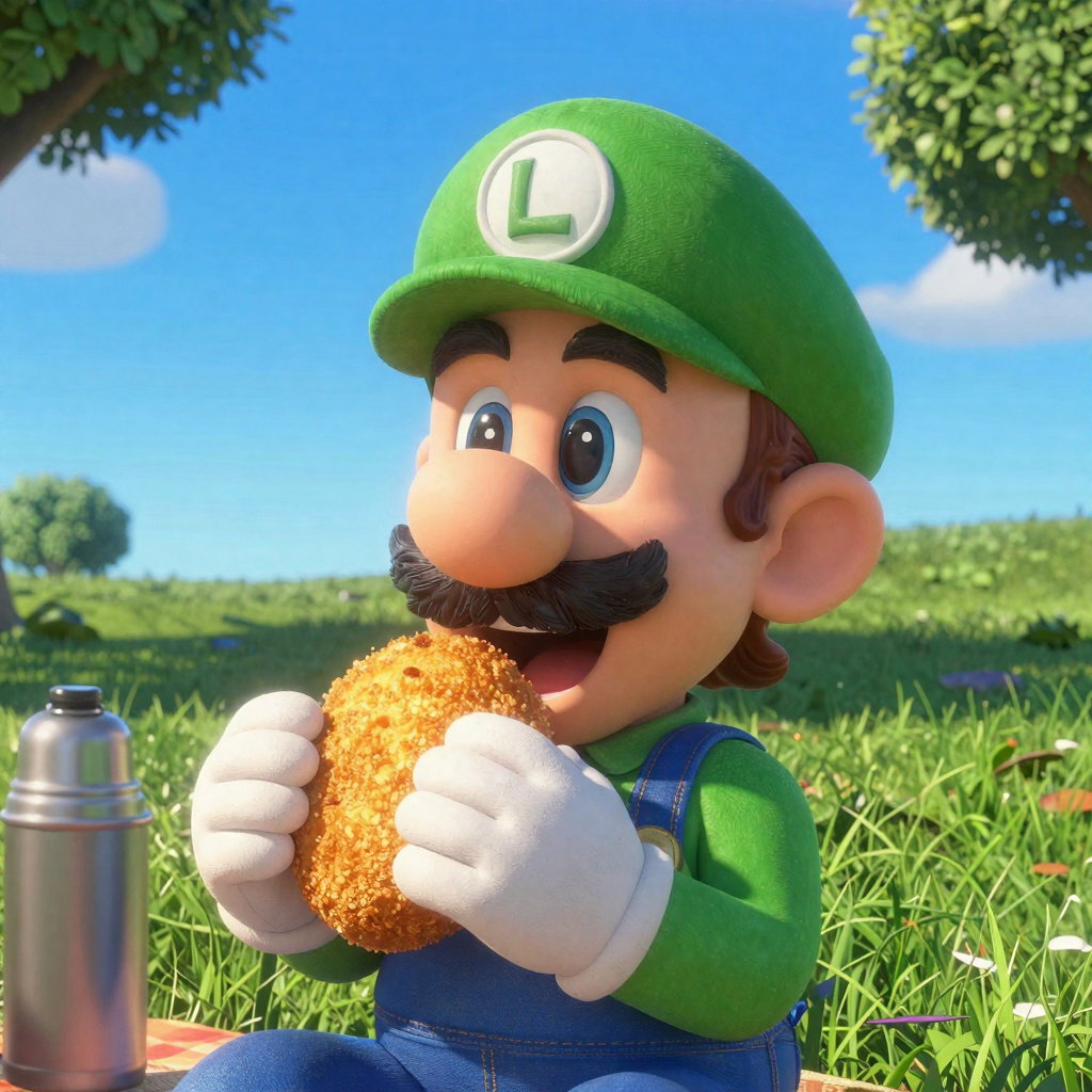 luigi biting croquette picnic 3d render