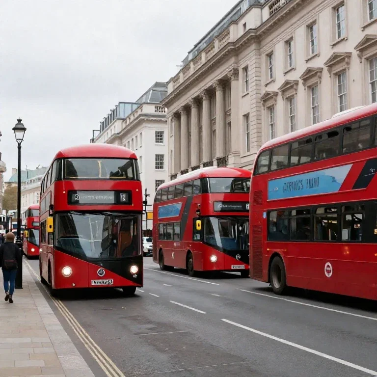 bustling city street with red double decker buses