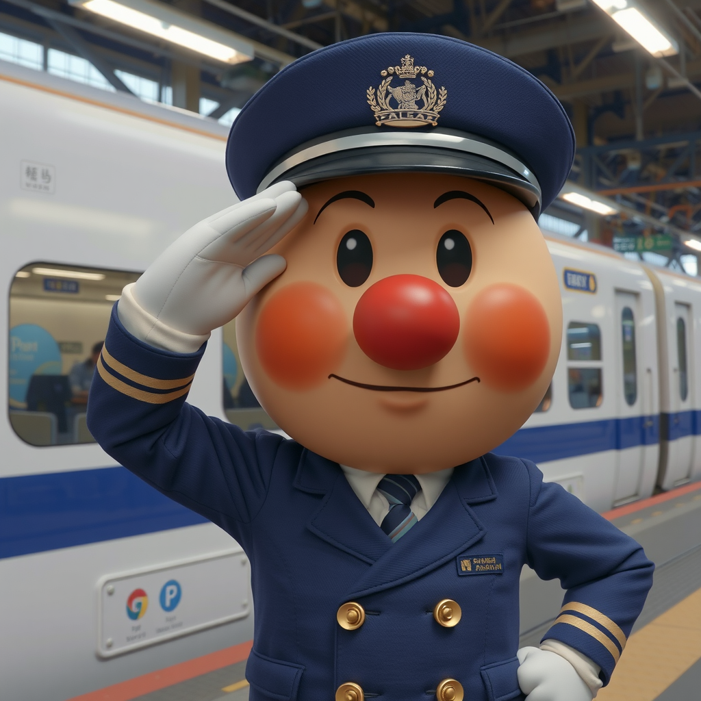 anpanman station master shinkansen uniform salute