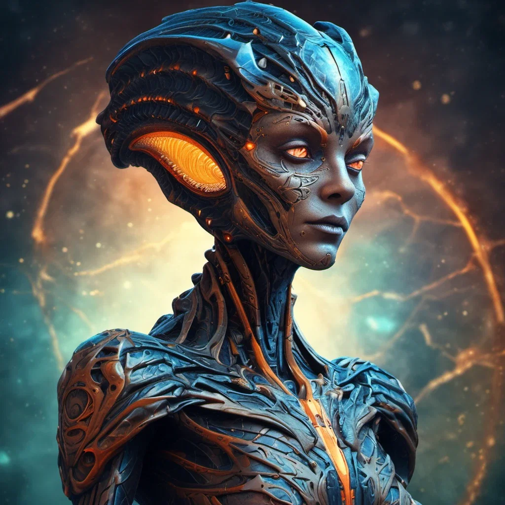 alien woman bust scaly face glowing orange eyes