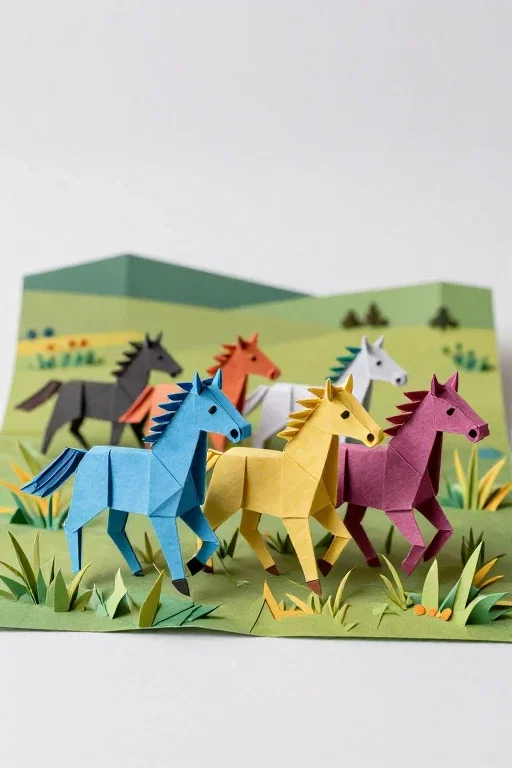 origami seven colored horses running prairie