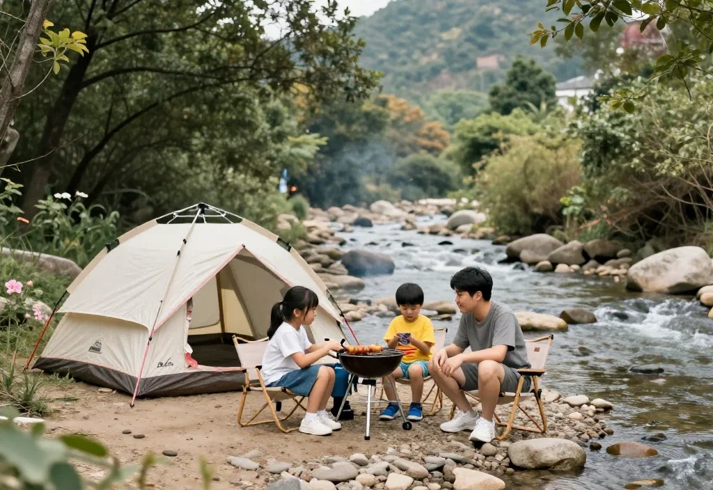 family camping by creek barbecuing