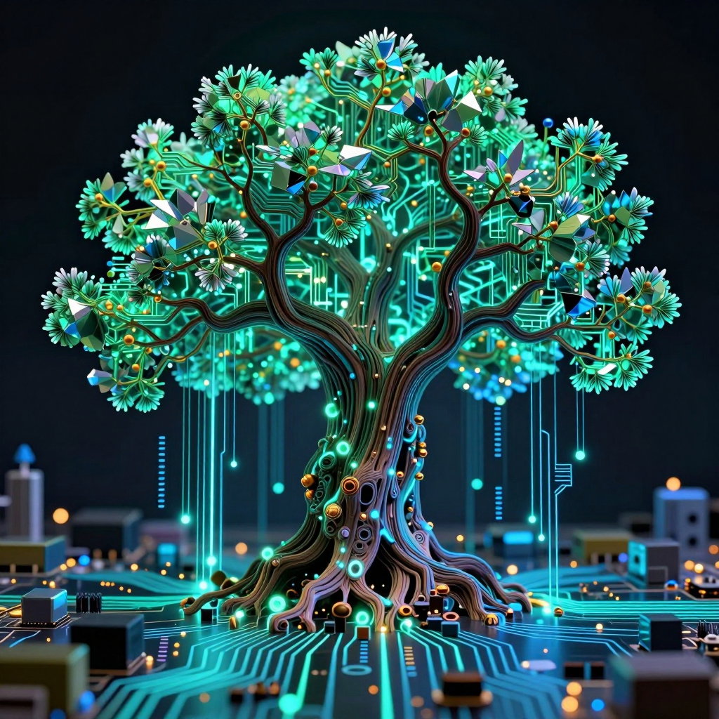 ancient tree circuitry glow fractal bark data stream