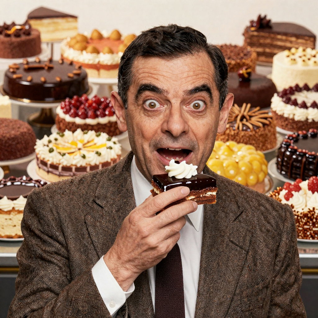 mr bean clutching sachertorte dramatic lighting hyperdetailed