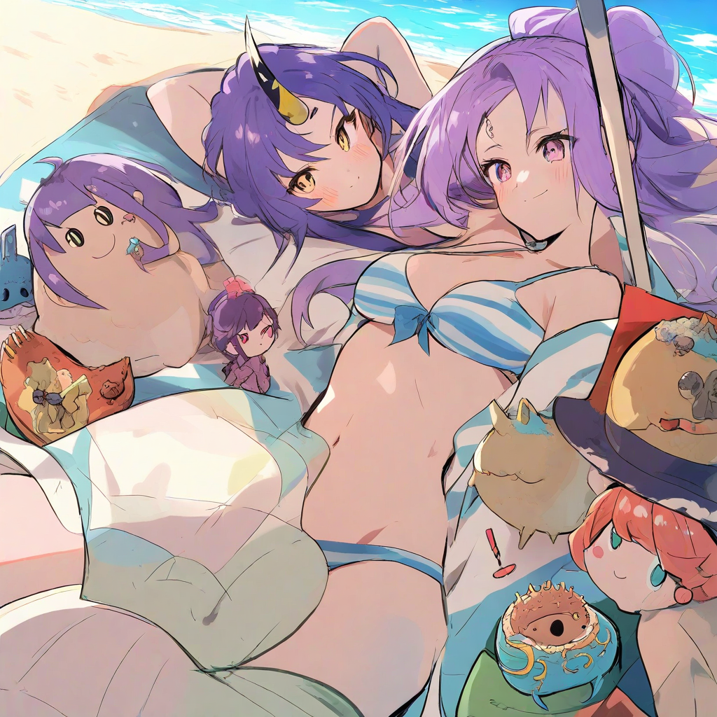 purple haired horned ogress beach parasol smiling