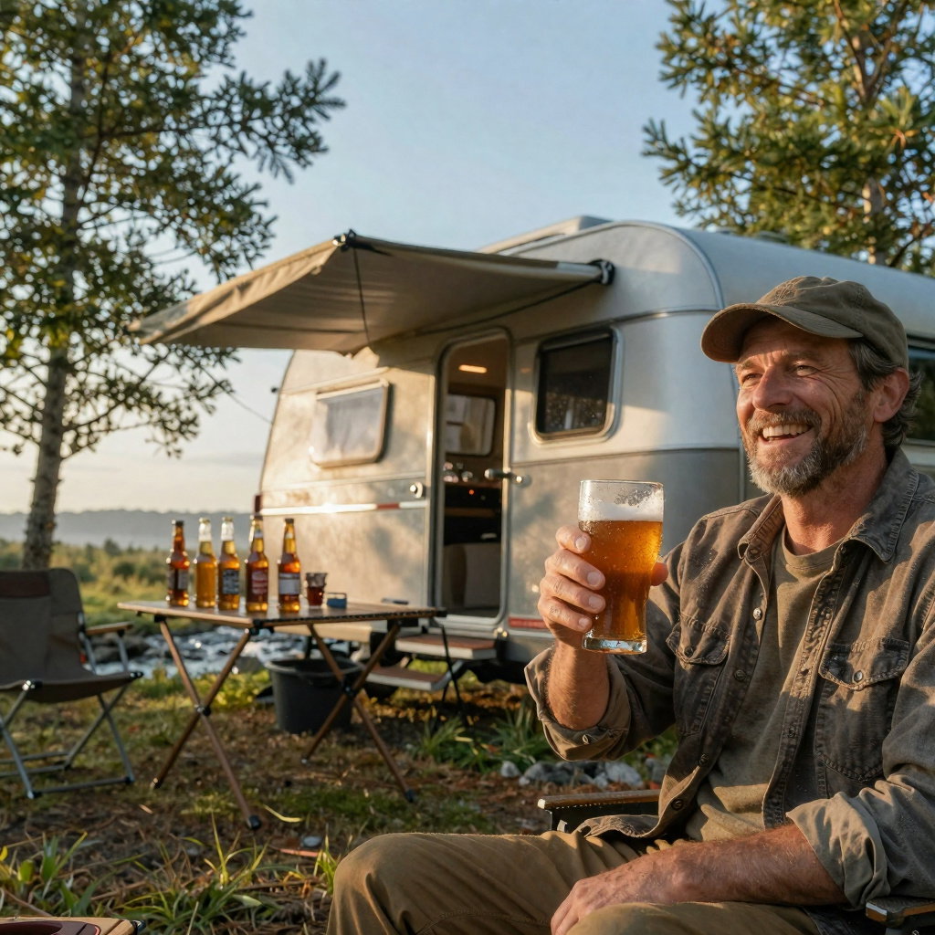 mature man laughing with amber ale golden hour pine trees