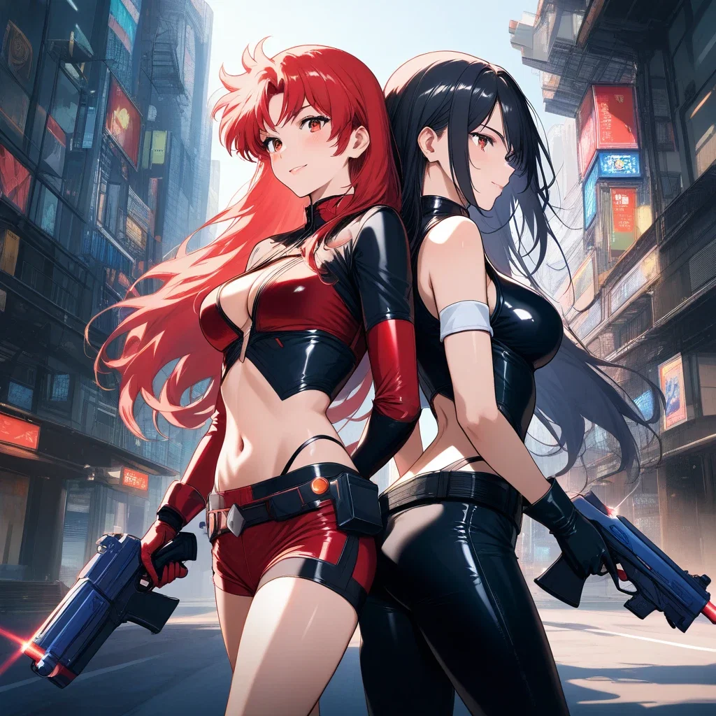 dirty pair back to back futuristic city golden hour