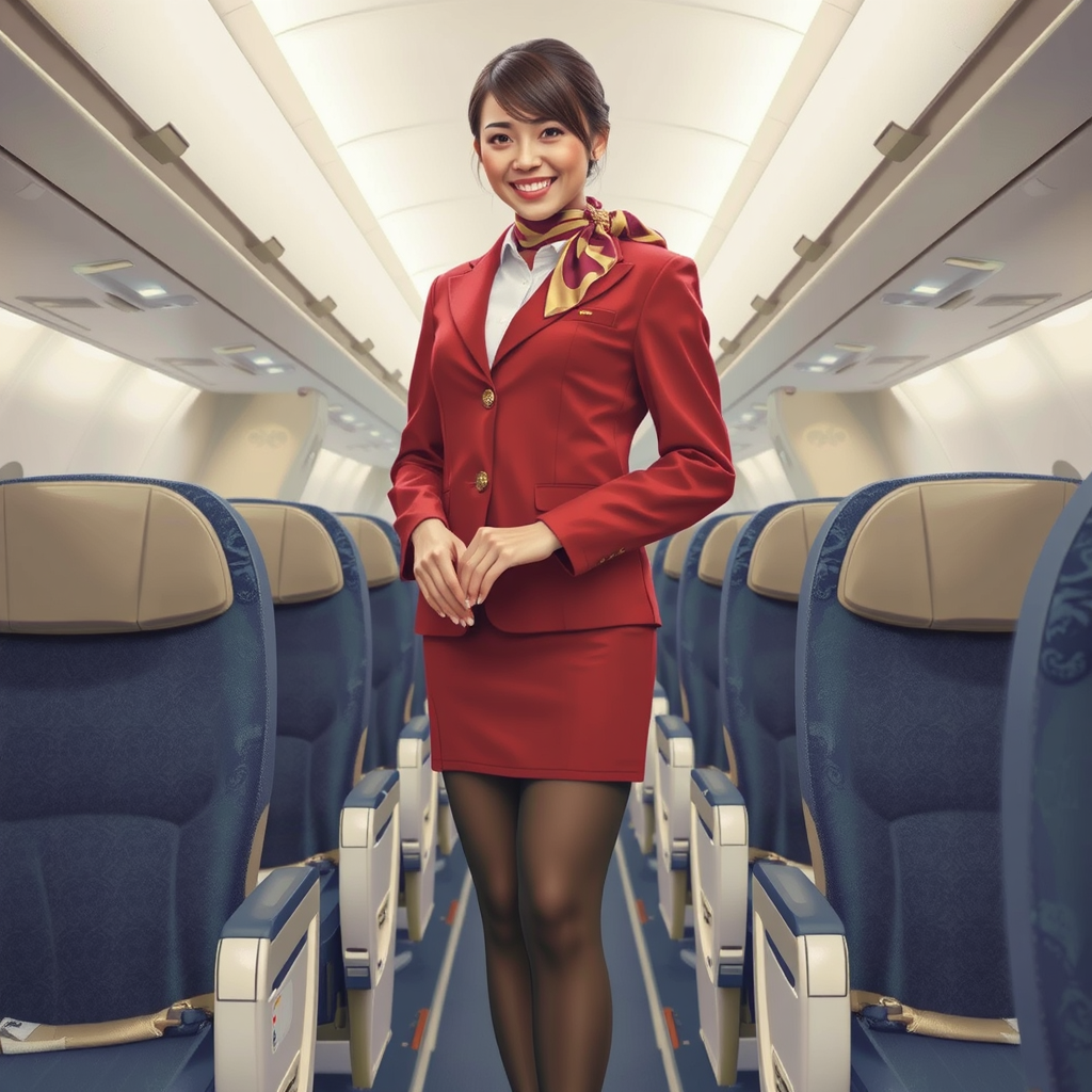 japanese flight attendant smiling red uniform