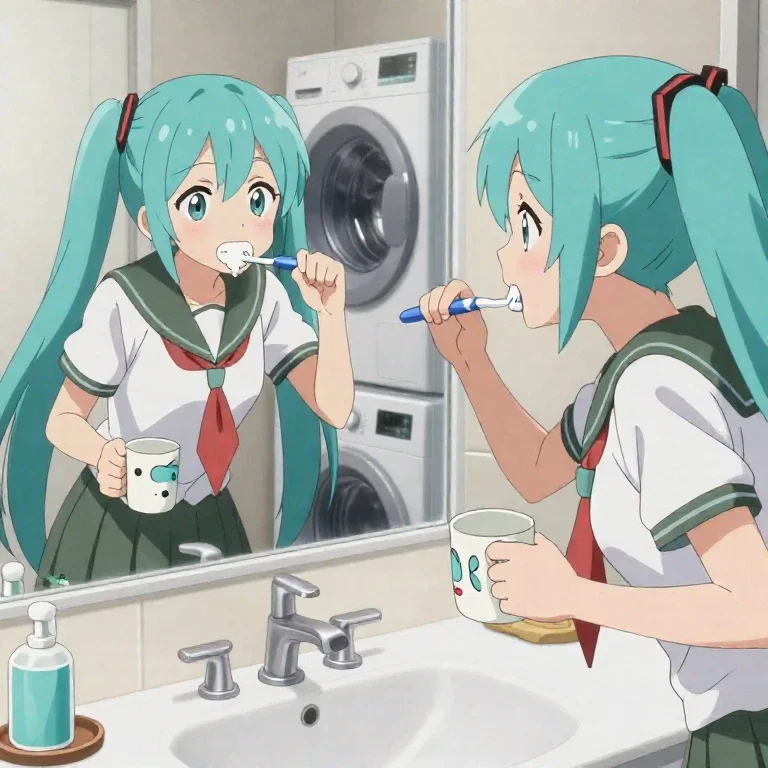 hatsune miku brushing teeth in bathroom
