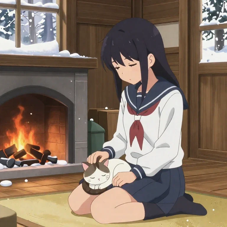 anime girl petting sleeping cat in snowy house