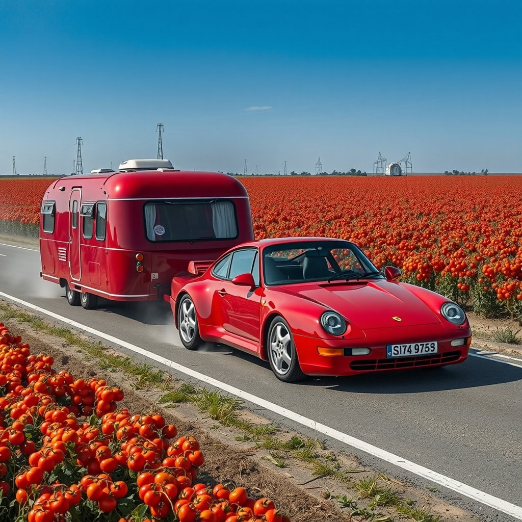 red porsche towing camper in tomato field