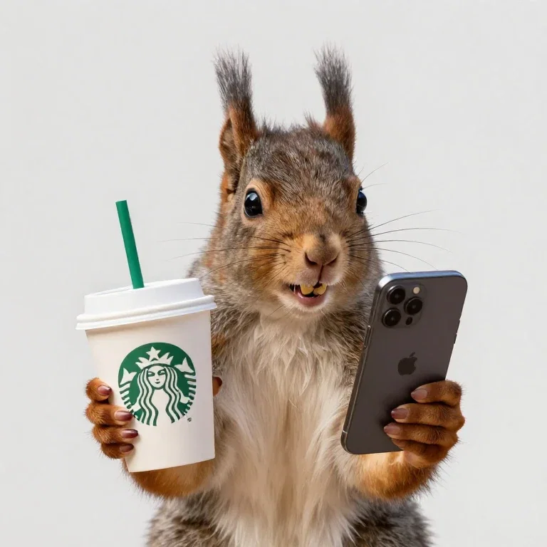 squirrel in beige costume holding starbucks iphone