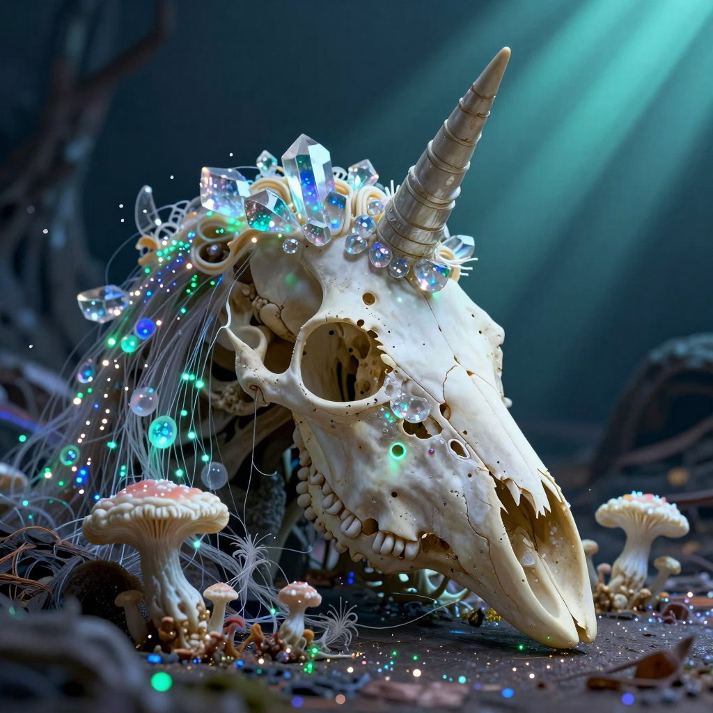 crystal unicorn skull with bioluminescent fungi