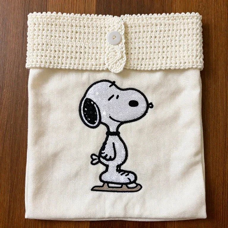 sequin snoopy ice skates flour sack hand towel