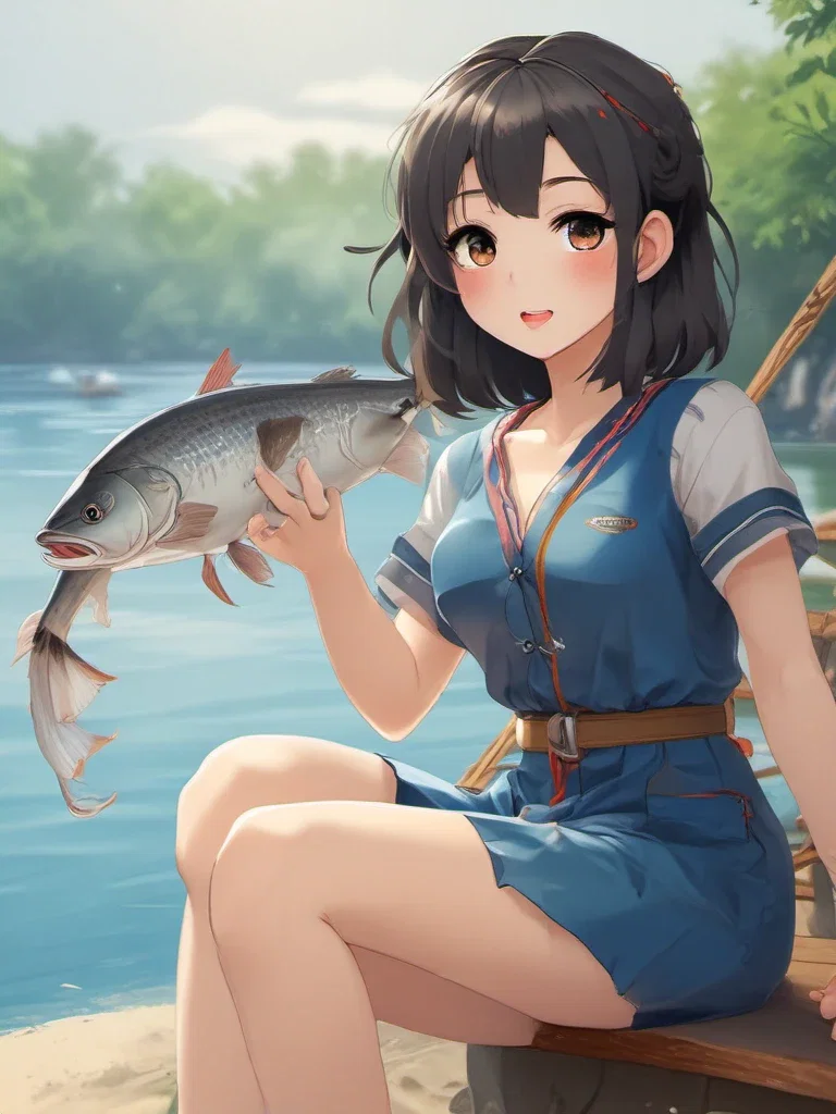 fishing girl with pufferfish summer vacation