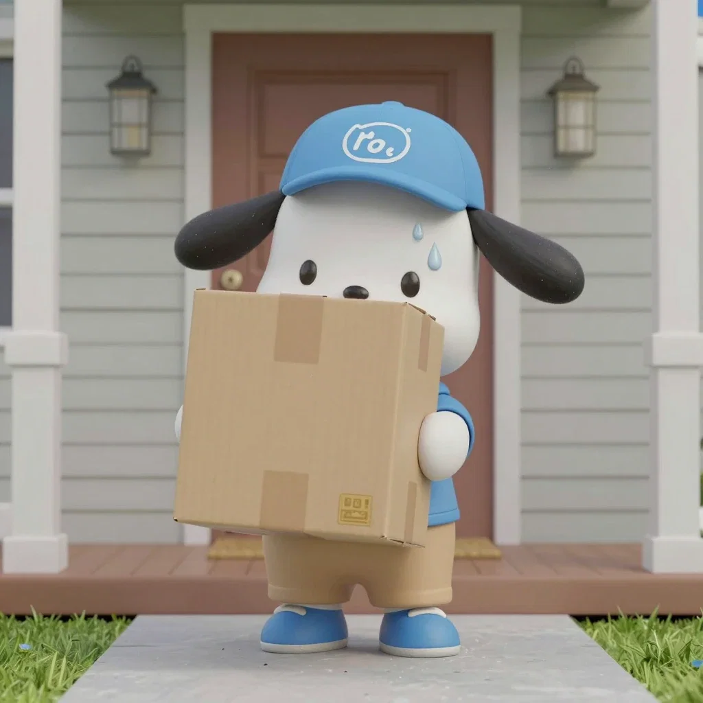 pochacco wearing blue polo shirt carrying box