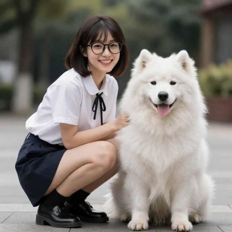 realistic girl with bob hair glasses smile squatting samoyed