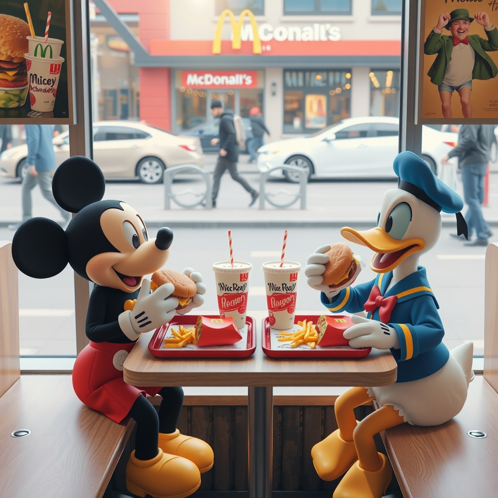 mickey mouse donald duck eating mcdonalds burgers