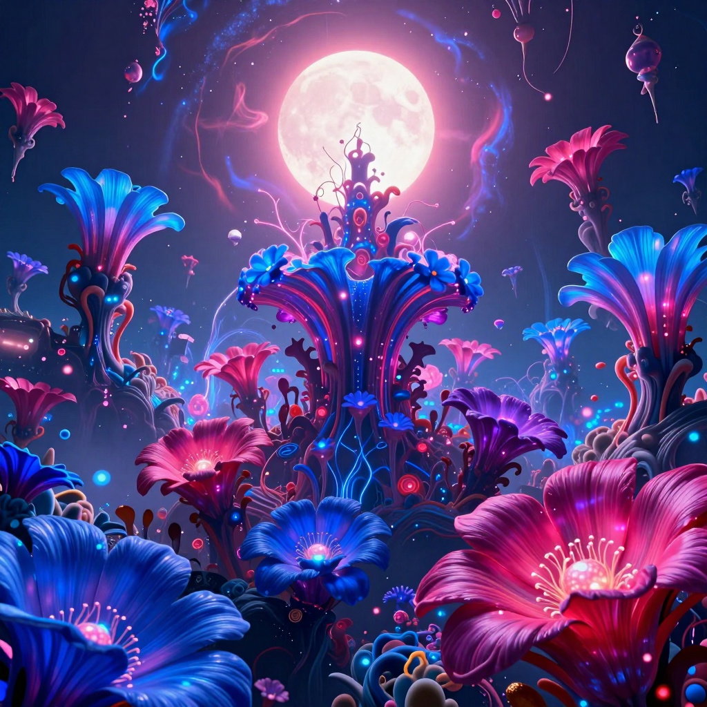 bioluminescent alien floral expanse gravity defying epic scale