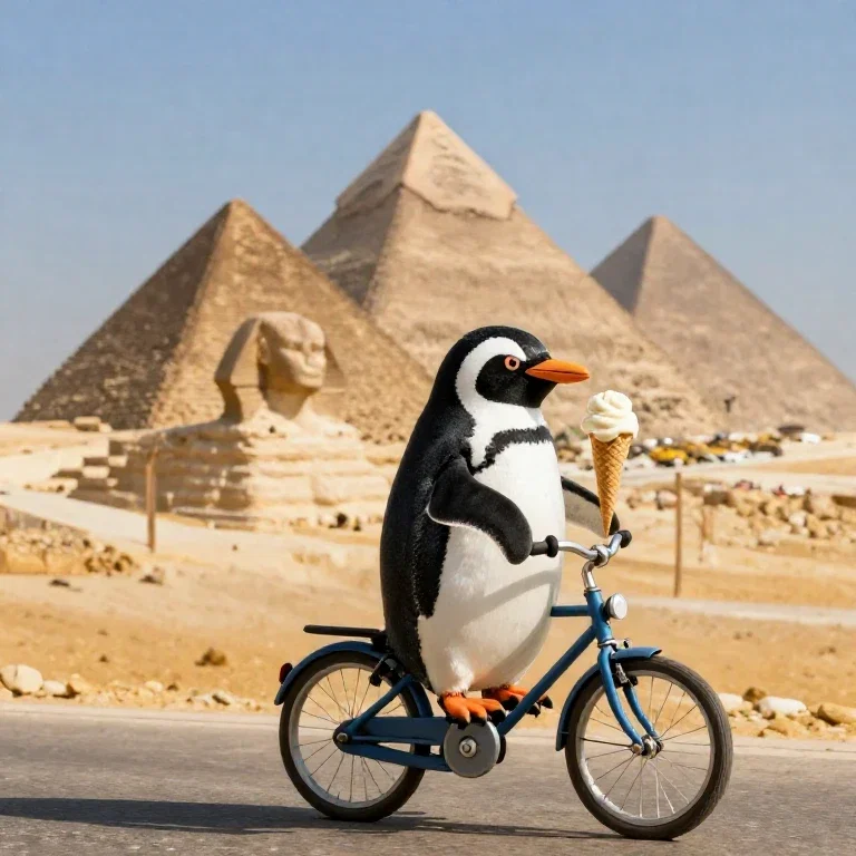 penguin riding bike eating ice cream pyramids
