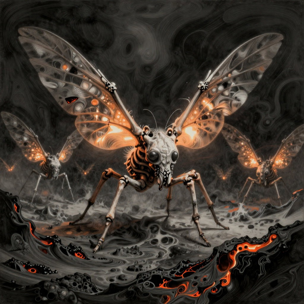 hyperrealistic etching of chitinous swarm entities with skeletal wings