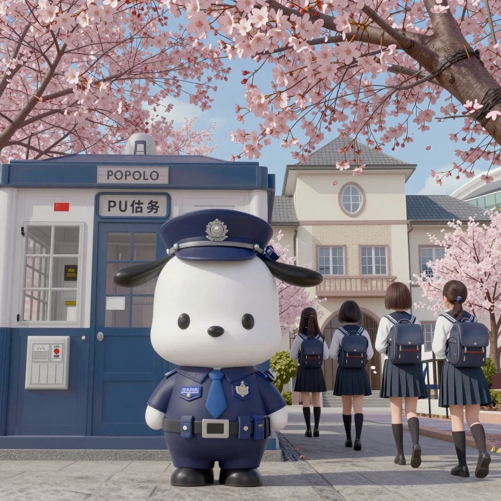 kawaii dog police officer cherry blossoms