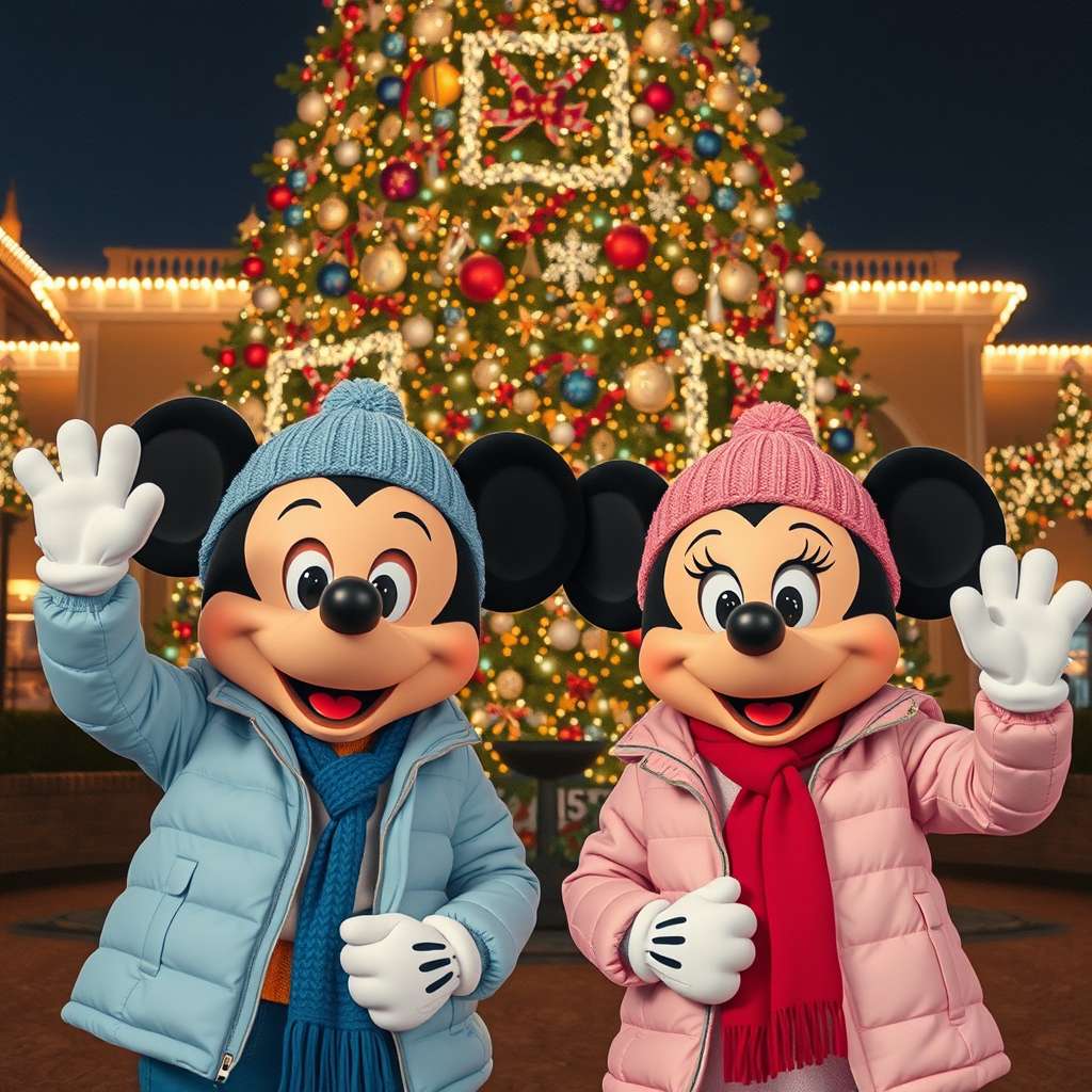 mickey minnie mouse christmas scene waving