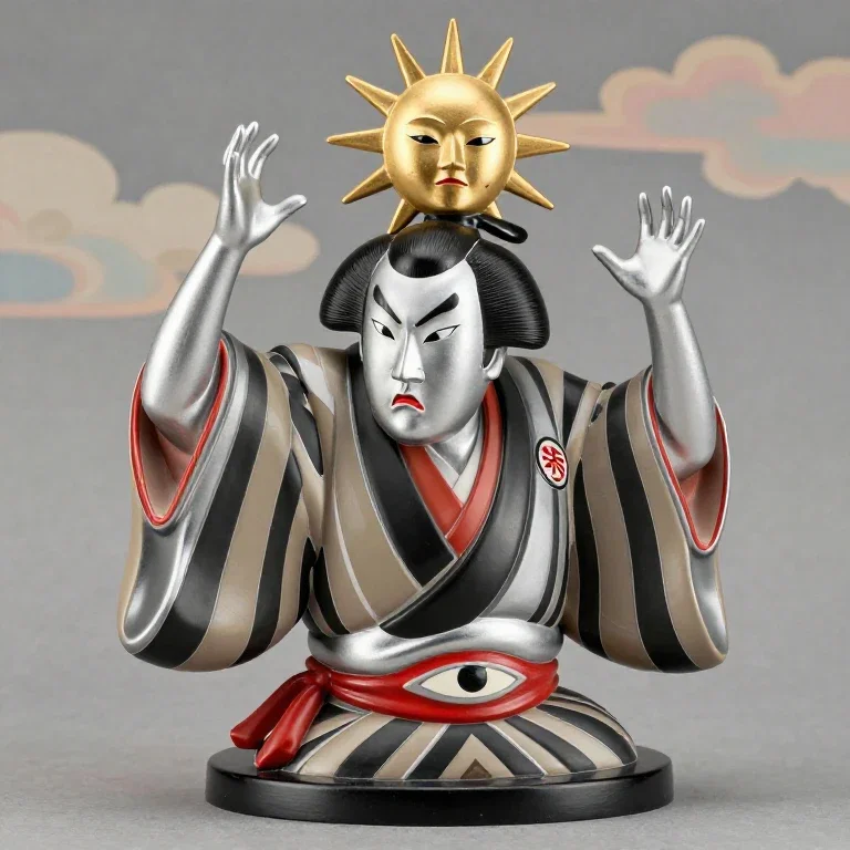 fantastical silver figurine with red accents