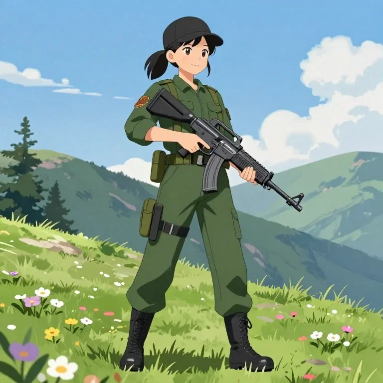 anime girl military outfit rifle mountain