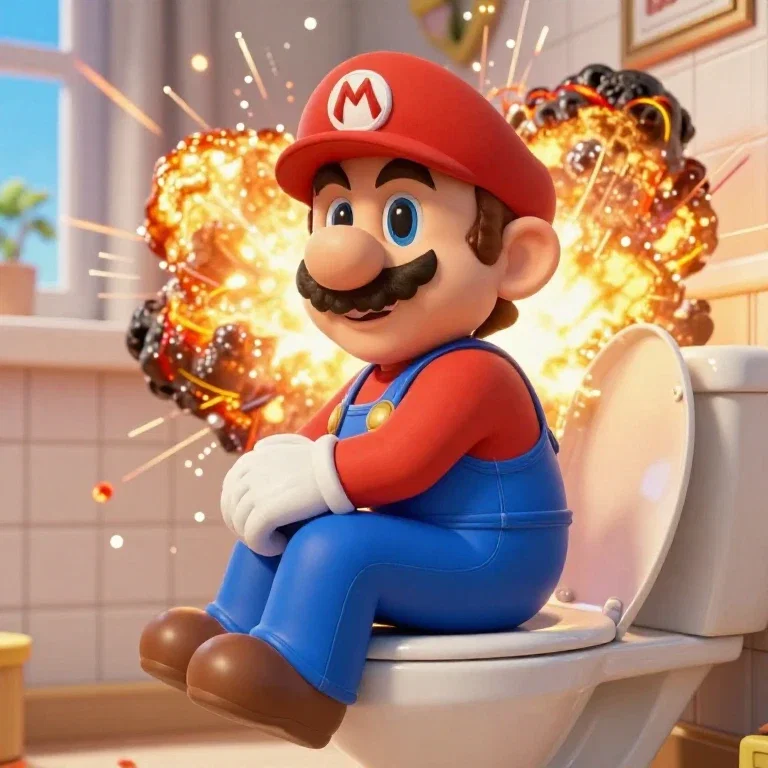 mario sitting toilet explosions behind