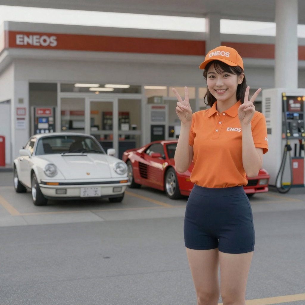 smiling japanese eneos gas station attendant with cars