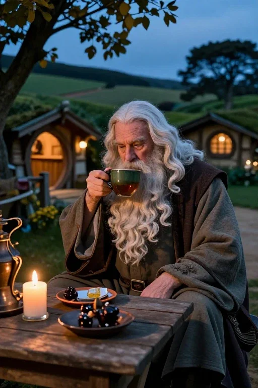 gandalf drinking tea evening hobbit village