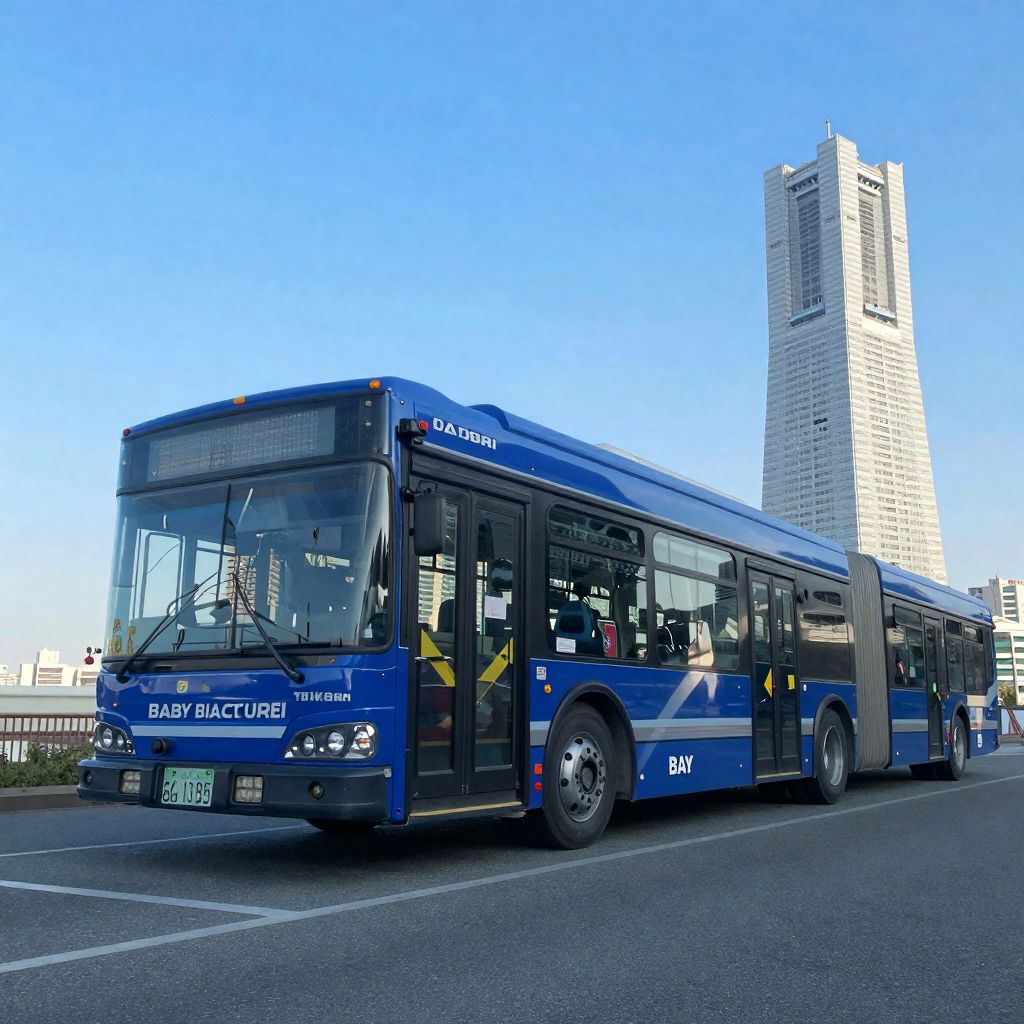 photorealistic bay blue transit bus yokohama landmark tower morning