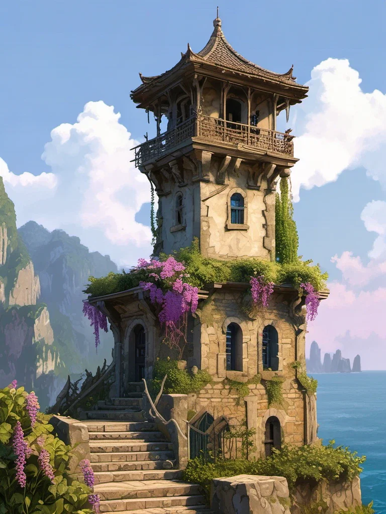 tall stone tower with wisteria and ocean waves